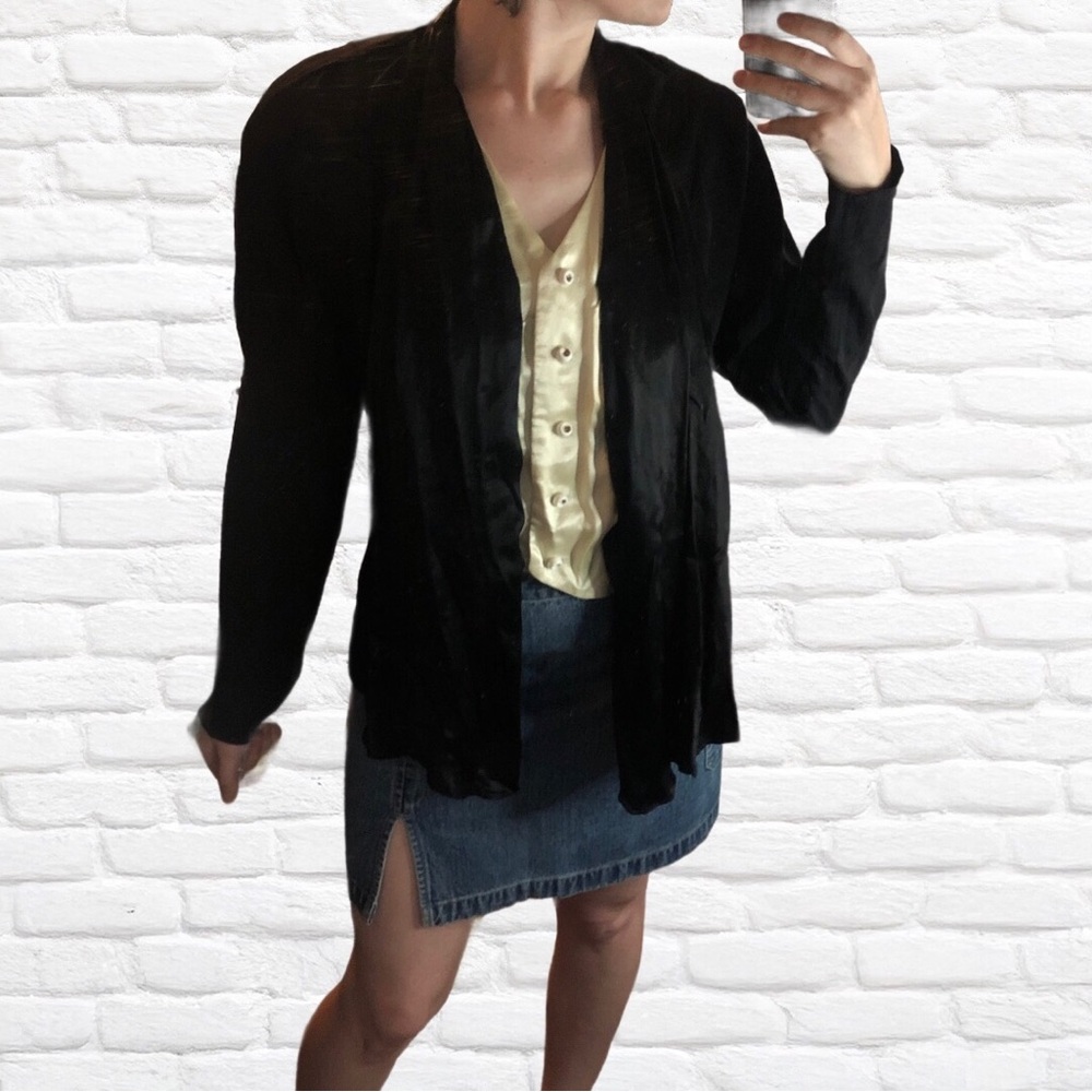 Black satin blouse with built in vest buttons and shoulder pads